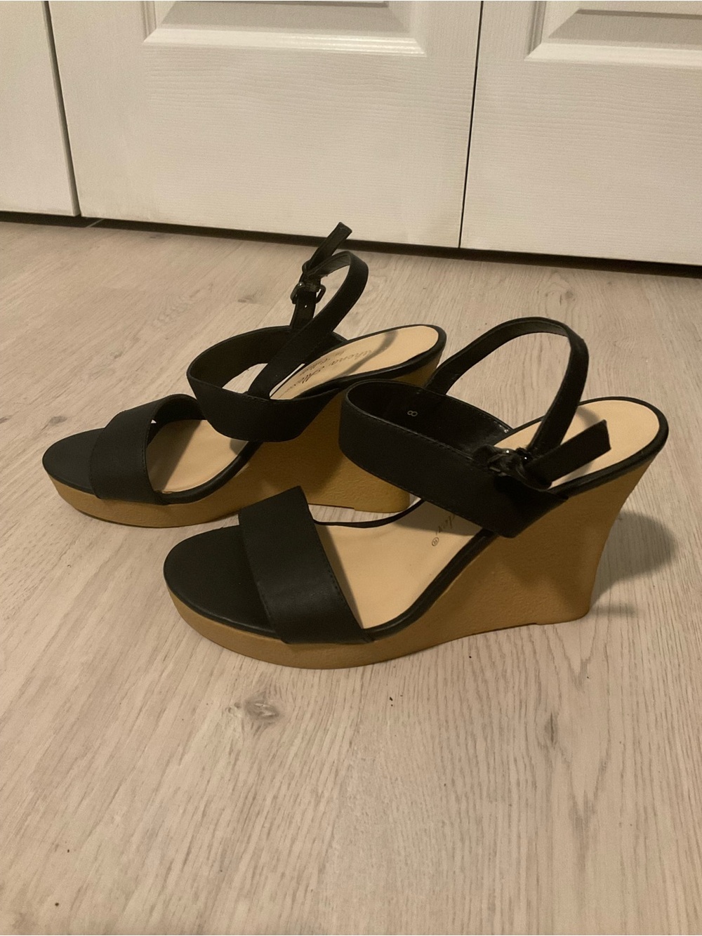 Athena Alexander Black Platform Wedge Sandals with Tan Platform